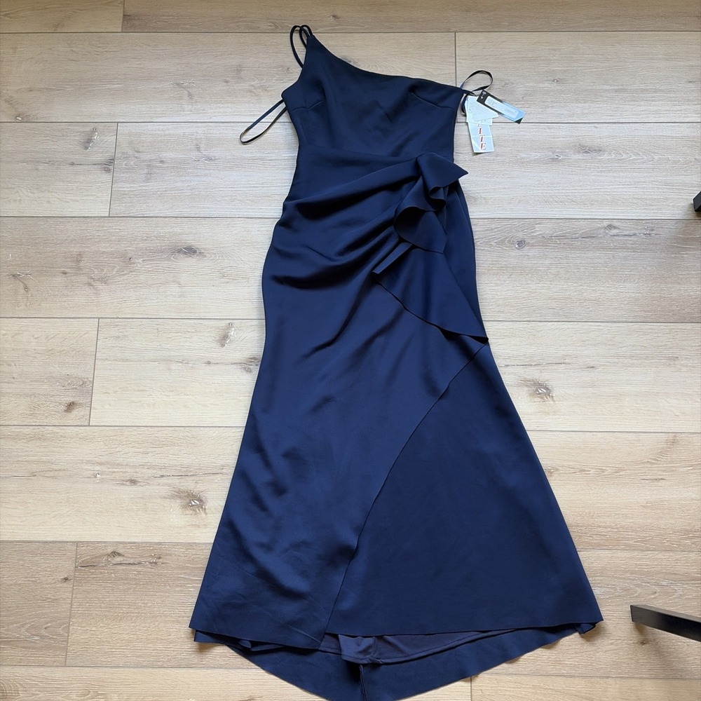 Xscape Petite Gown 10P Navy One Shoulder Ruffle Sheath Formal Wedding Guest NWT